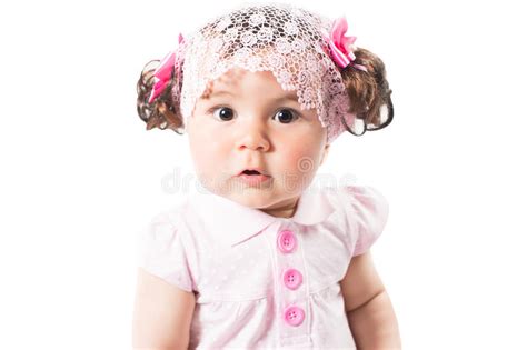 Little Cute Baby Girl In Pink Dress Isolated On White