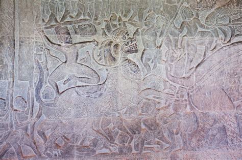 Stone Carving All Around On The Wall At Angkor Wat Stock Image