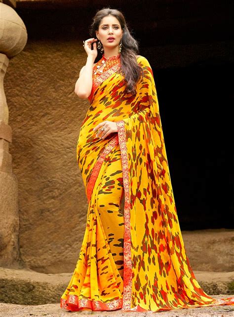 Yellow Georgette Printed Saree With Blouse 108581 Satin Saree Saree