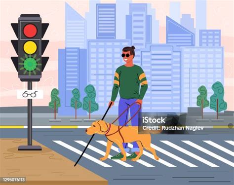 Blind Man And His Dog On A Pedestrian Crossing Stock Illustration