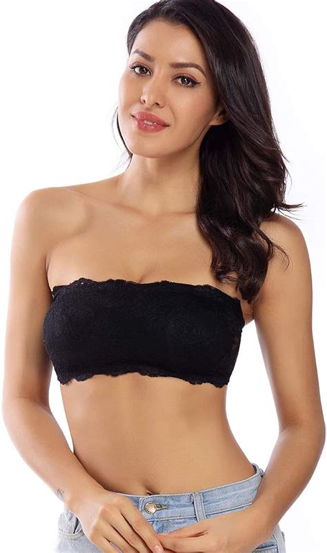 Womens Lace Strapless Bandeau Crop Tube Top Bra Removable Padding