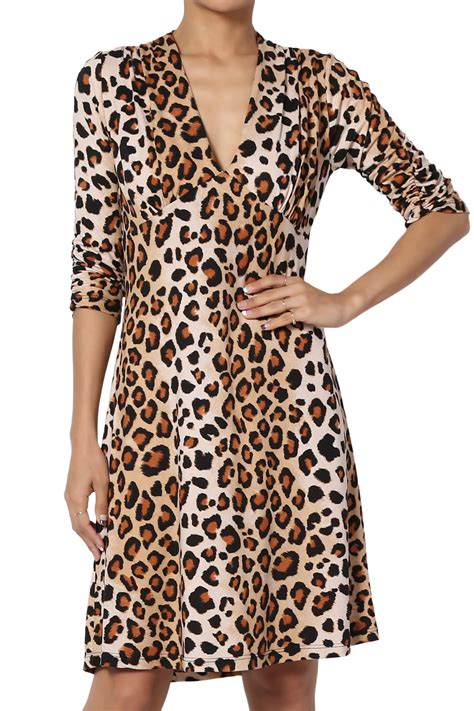 themogan women s plus leopard print 3 4 sleeve v neck fit and flare stretch dress