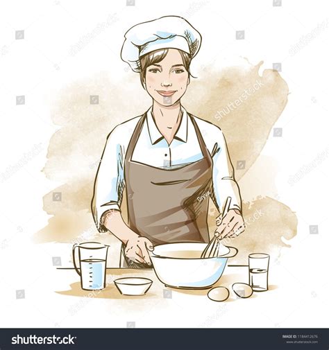 Smiling And Happy Female Chef Woman Chef Is Cooking With Whisk Hand