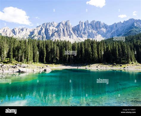 Lake Karersee Latemar Mountains In The Back Dolomites South Tyrolia