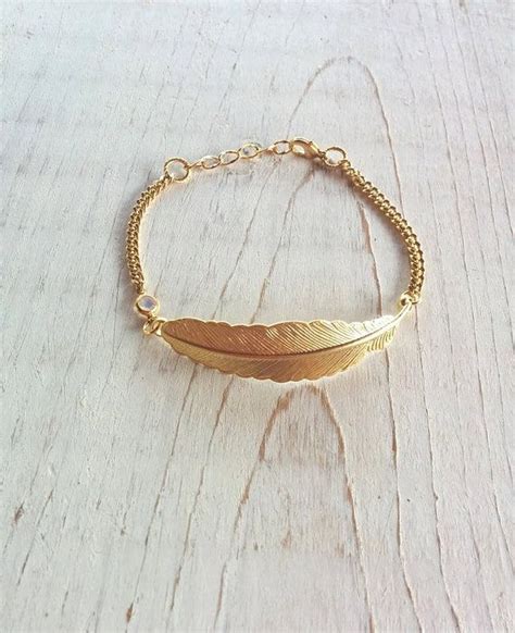 Gold Feather Bracelet With Swarovski Stone Delicate Gold Etsy Gold