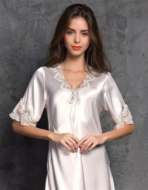 1pc Sexy Women Satin Sleepwear Nightgown Half Sleeve Embroidery