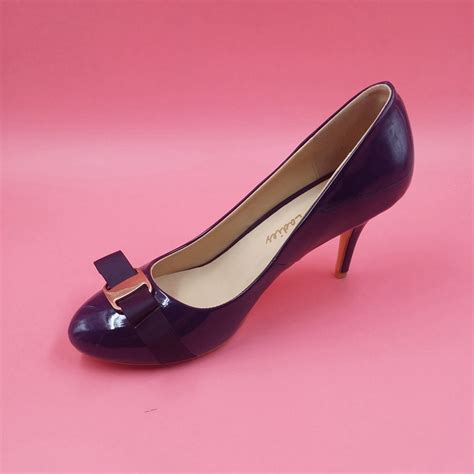 Navy Blue Patent Leather Round Toe Women Pumps Low Heels Bowknot Front
