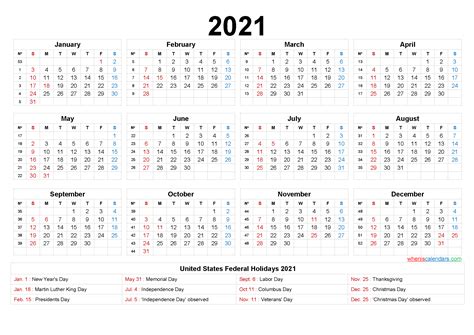 Free Printable Yearly Calendar 2021 With Holidays Goimages U