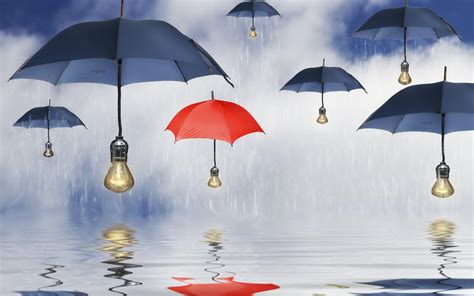 Blue Umbrellas Parasols Lamps Rain Water Reflection Wallpaper