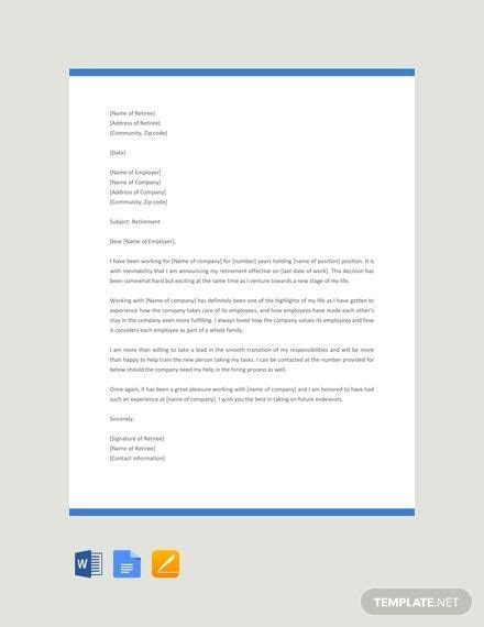 The profile catches the attention of busy recruiters by selling the candidate's most important finance skills and summarising the type of companies and finance functions they have experience in. Free Retirement Letter Example | Letter template word ...