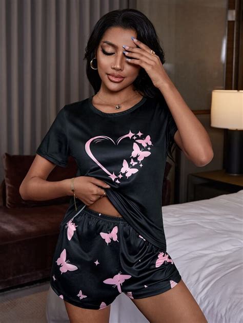 Conjunto De Pijama Con Mariposa And Con Estampado De Corazón Moda De Mujer Shein México