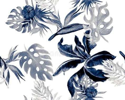 Indigo Monstera Design Blue Banana Leaf Decor Azure Seamless