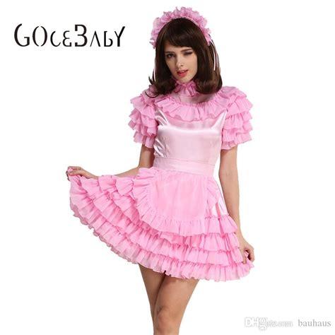 Custom Made Forced Sissy Girl Maid Lockable Pink Satin Organza Puffy Dress Uniform Cosplay