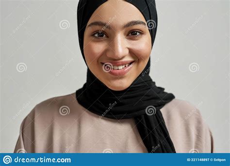 close up view of smiling arabic woman in hijab stock image image of dress woman 221148897