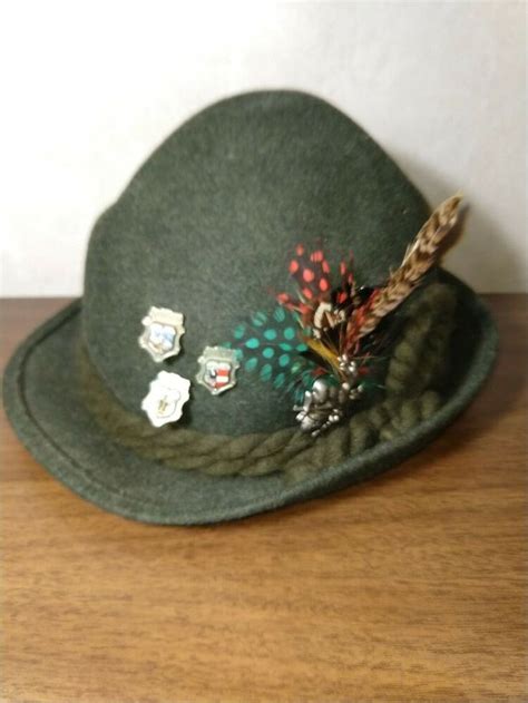 German Bavarian Octoberfest Green Hat With Pins Green Felt Feather Vtg