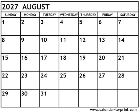 August 2027 Calendar Printable