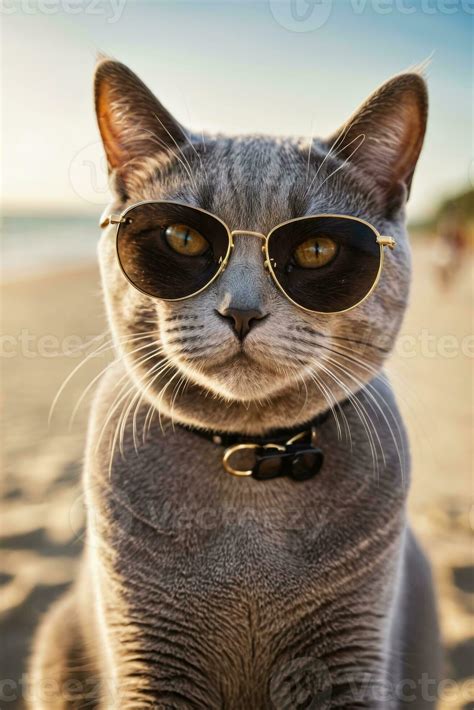 Ai Generated A British Shorthair Cat Wearing Sunglasses On The Beach