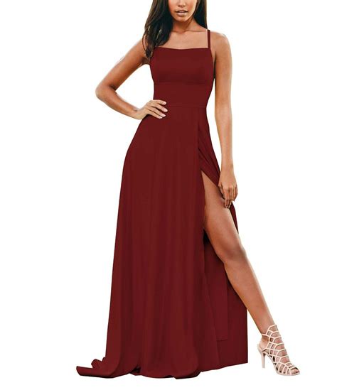 Spaghetti Strap Prom Dresses Long Slit Halter Backless Satin Evening Party Gown Burgundy Size 6