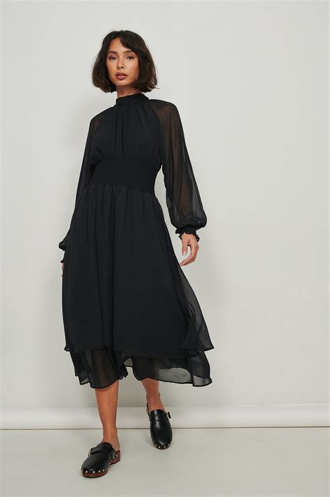 Frill Neck Midi Dress Black Na