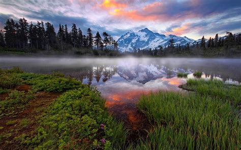 Landscape Forest Mountains Lake Water Nature Reflection Clouds