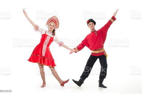 Dancing Couple Russian National Costumes Hold Hands In Dance Pose Stock