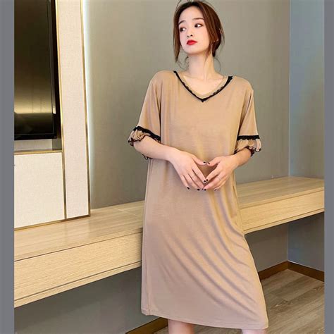 Fdfklak V Neck Women Nightgowns Knee Length Sexy Elegant Thin Short Sleeve Loose Summer Homewear