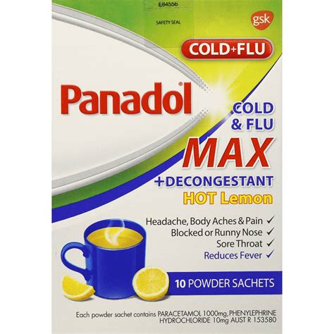 Panadol Paracetamol Cold Flu Plus Decongestant Hot Lemon Drink 10