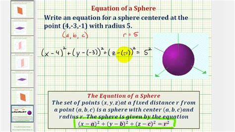 Ex Equation Of A Sphere Given The Center And Radius Youtube