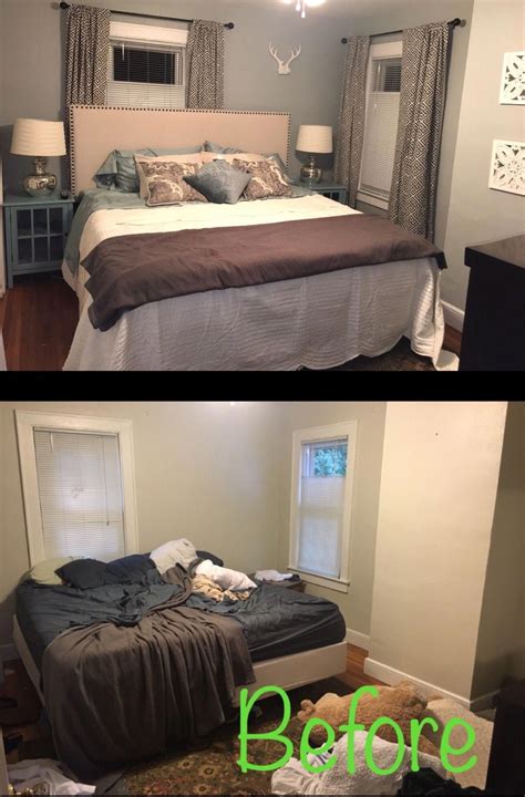 Affordable before & after bedroom makeovers. Before and after. Small Bedroom makeover. Gray and ...