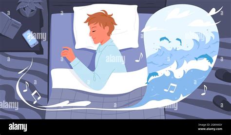 Cartoon Sleepy Guy Character In Pajamas Lying On Bed Pillow In Bedroom