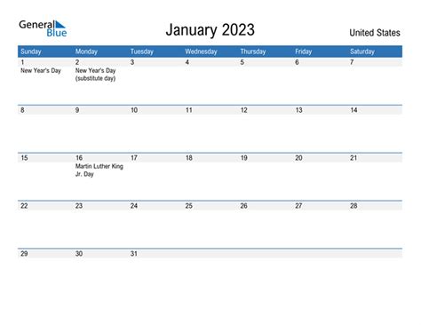 United States January 2023 Calendar With Holidays