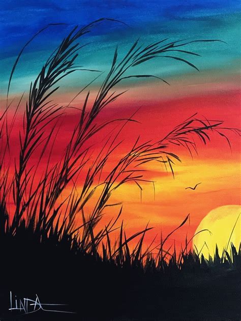 A Painting Of The Sun Setting Behind Some Tall Grass