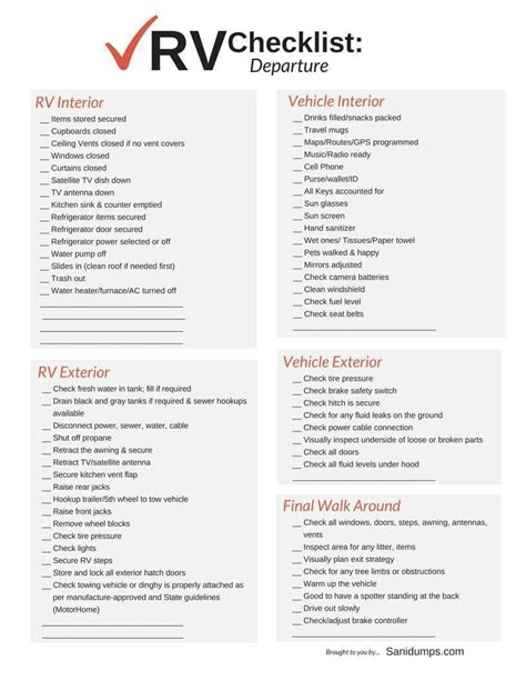Free Printable Rv Setup Checklist Printable World Holiday