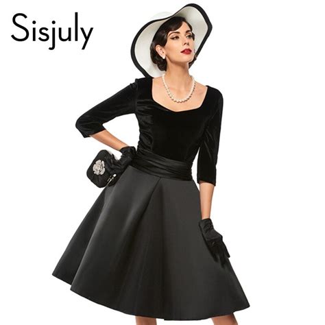 Sisjuly A Line Party Dresses Black V Neck Women Short Sleeve Slim S Rockabilly Vintage Dress