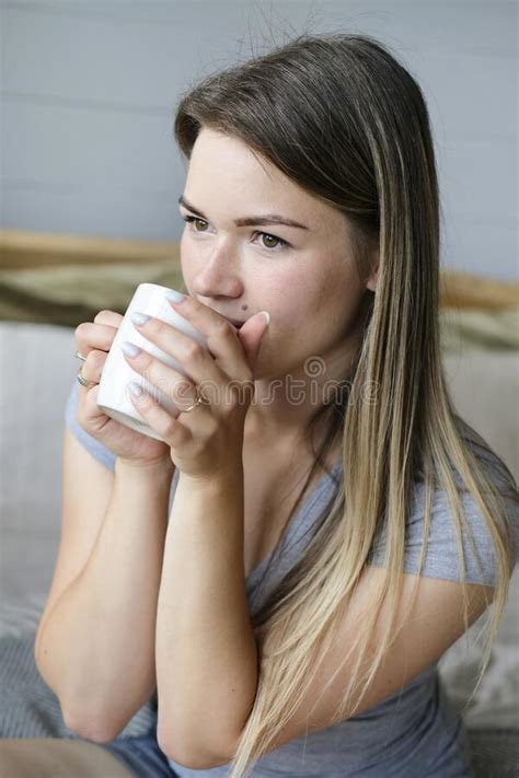 Morning Coffee Young Beautiful Woman Is Drinking Coffee In Bed Stock
