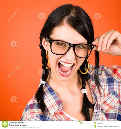 Crazy Girl Wear Nerd Glasses Shouting Stock Photo Image Of Happy
