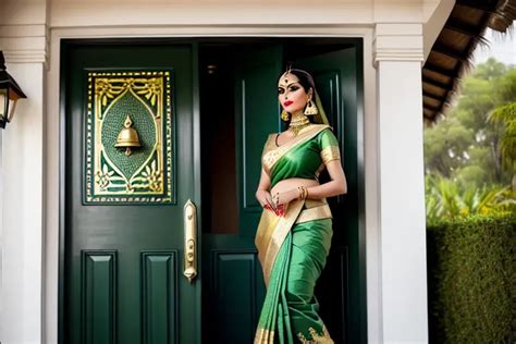 Dopamine Girl Indian Woman Tall Wearing Dark Green Gold Embroidered