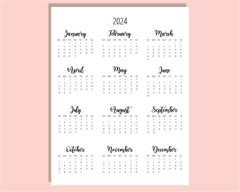 2024 Calendar Template 85 X 11 Inches Vertical Year At A Etsy Uk