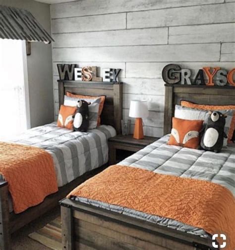 See more ideas about bedroom color schemes, home decor, home. Boys room design with forest animal theme. Orange and gray ...