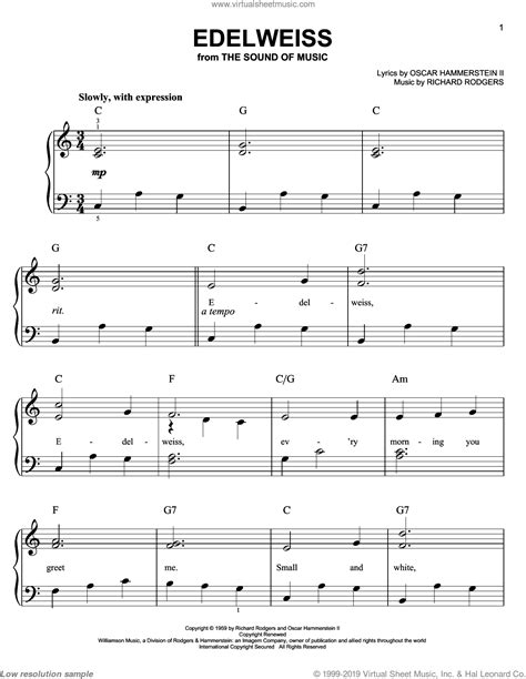 Printable sheet music for easy piano. Hammerstein - Edelweiss (from The Sound of Music) sheet music (beginner) for piano solo
