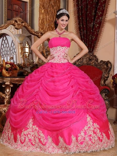 Hot Pink Ball Gown Strapless Floor Length Organza Beading Quinceanera Dress 228 79