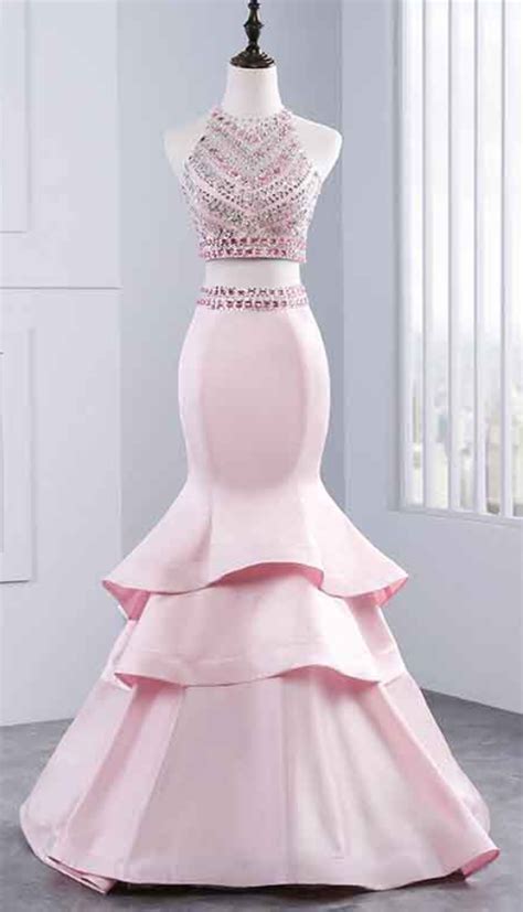 Halter Beaded Two Piece Mermaid Long Prom Dress Evening Dress Featuring Tiered Ruffle Skirt