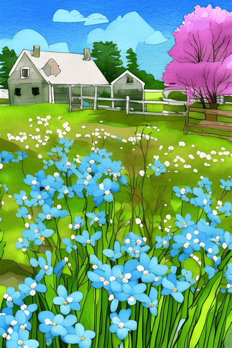 Beautiful Spring Scene With Ranch House And Forget Me Not Flowers