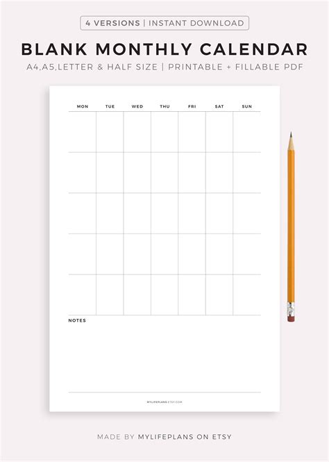 Blank Monthly Calendar Template Printable And Fillable Undated Etsy