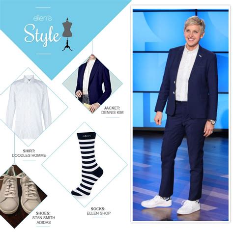 Ellens Look Of The Day Blue Suit Polka Dot Button Up Ellen Socks