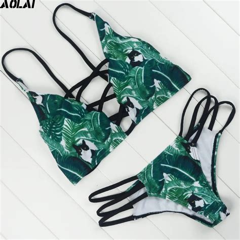 Green Leaf Bikini 2019 Bandage Bikinis Set Crop Top Swimwear Women Push
