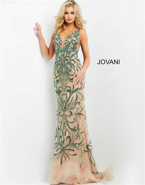 Jovani Emerald Nude Embellished Fitted Prom Dress