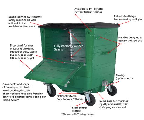 Continental Wheeled Drop Front Back Bin 1100 820 Litre Capacity