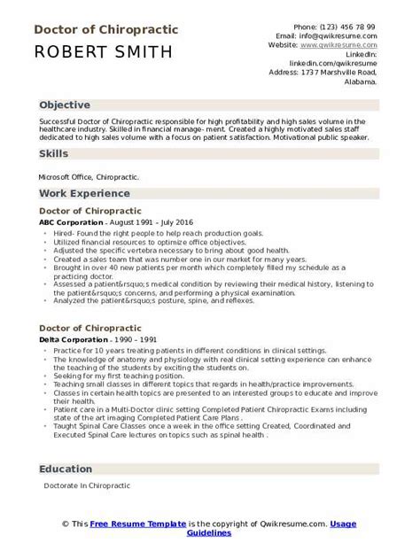 Doctor Of Chiropractic Resume Samples Qwikresume