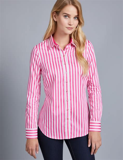 Womens Pink And White Bengal Stripe Semi Fitted Shirt Single Cuff